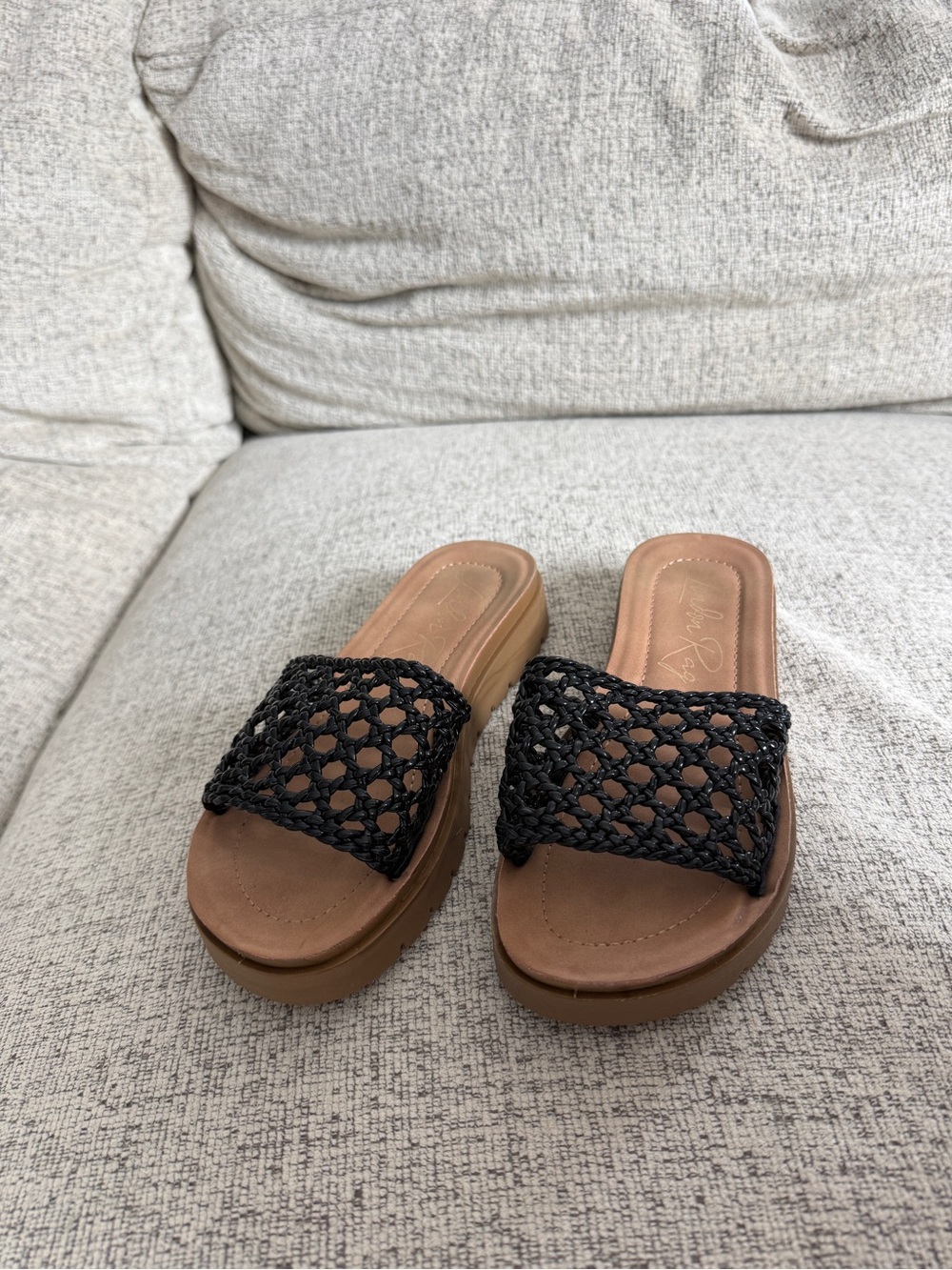 Women's Black Woven Slide Sandals with Tan Footbed